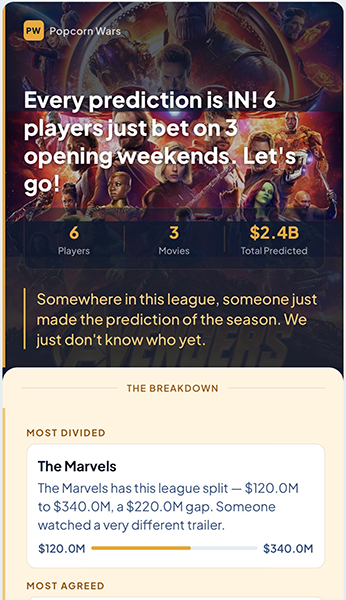 Popcorn Wars app showing a prediction card for an upcoming movie